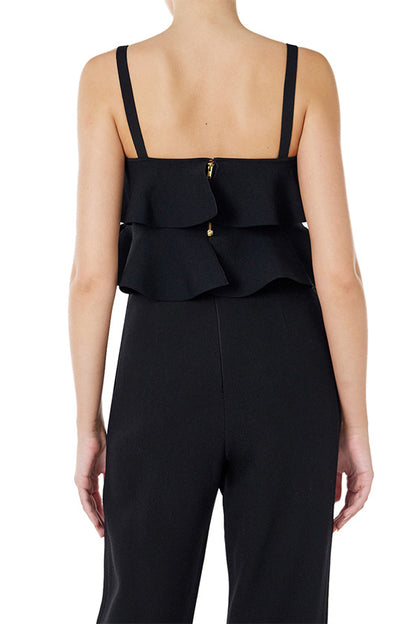 Monique Lhuillier black knit ruffle top with spaghetti straps and gold back zipper.