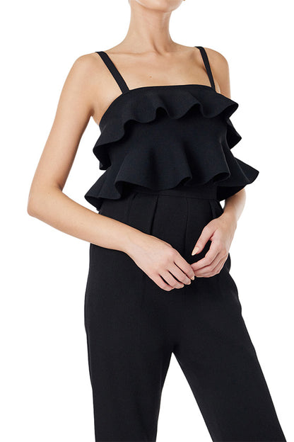 Monique Lhuillier black knit ruffle top with spaghetti straps and gold back zipper.