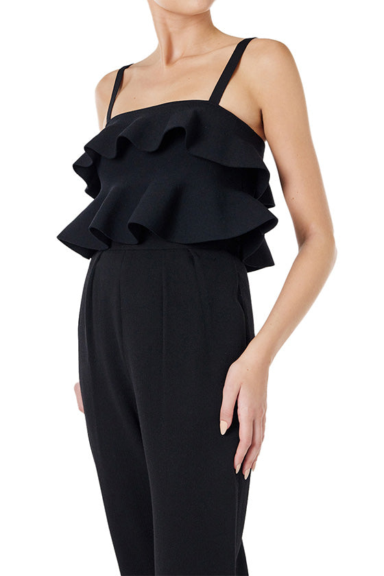 Monique Lhuillier black knit ruffle top with spaghetti straps and gold back zipper.