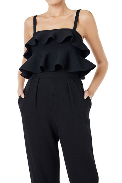 Monique Lhuillier black knit ruffle top with spaghetti straps and gold back zipper.