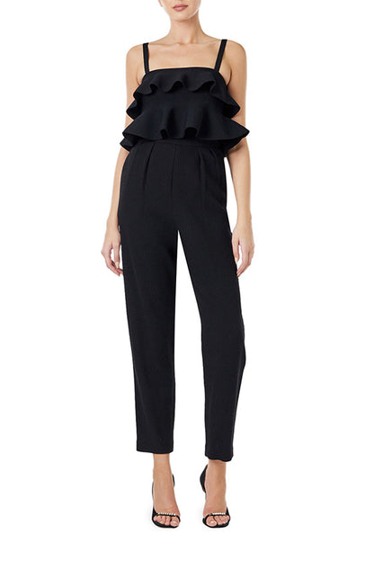 Monique Lhuillier black knit ruffle top with spaghetti straps and gold back zipper.