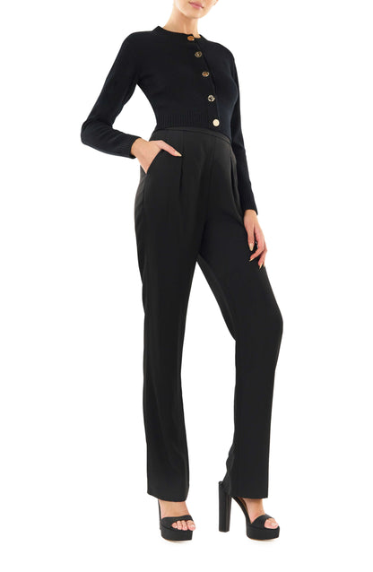 Monique Lhuillier black long sleeve cropped cardigan with gold buttons.