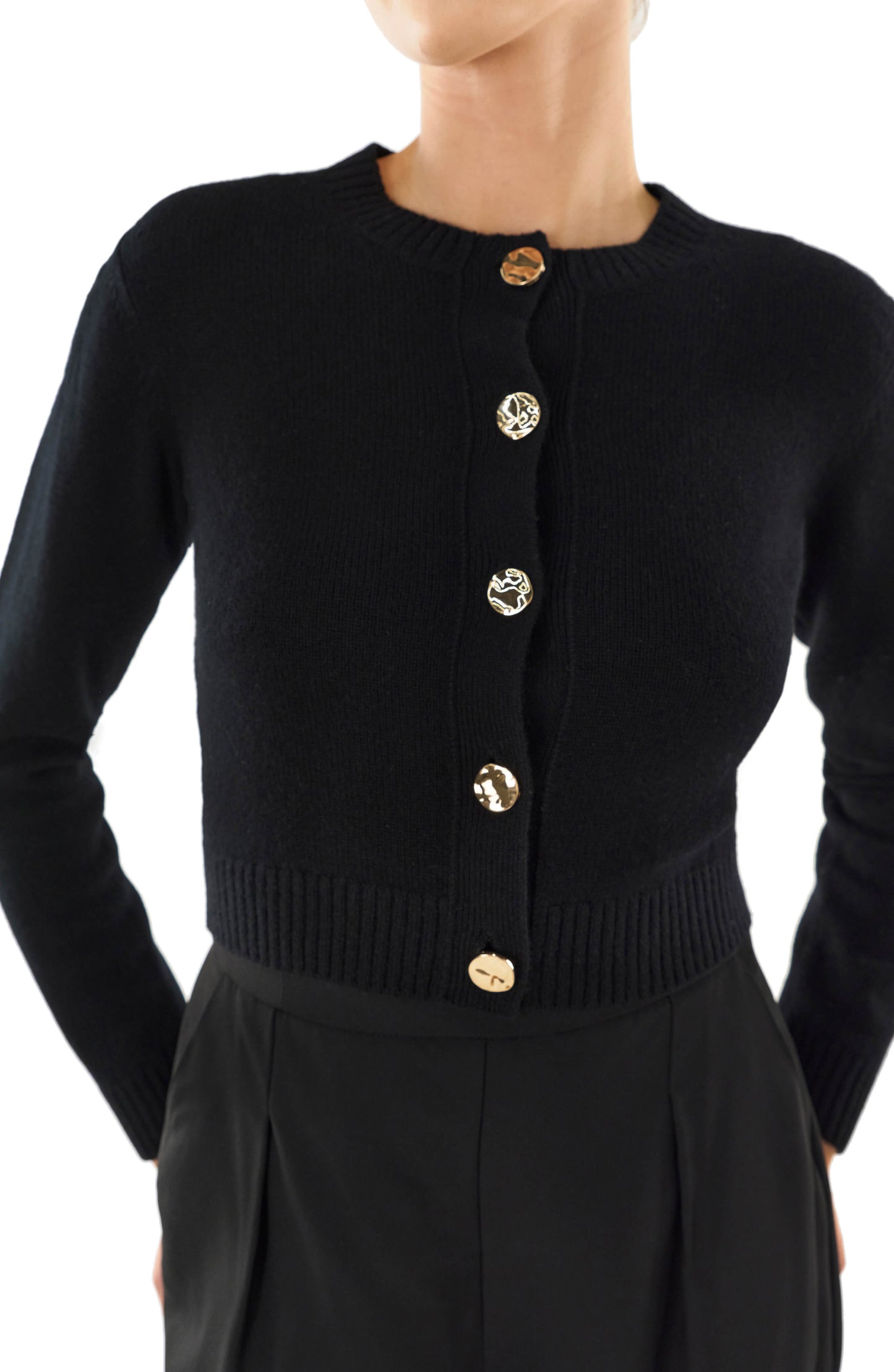 Monique Lhuillier black long sleeve cropped cardigan with gold buttons.