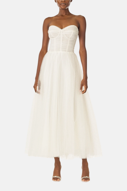 Monique Lhuillier "Brie Dress". 
 Strapless, tea length dress with sweetheart neckline in French Dot Tulle - front.