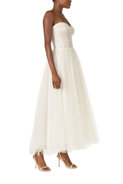 Monique Lhuillier "Brie Dress". 
 Strapless, tea length dress with sweetheart neckline in French Dot Tulle - right side.