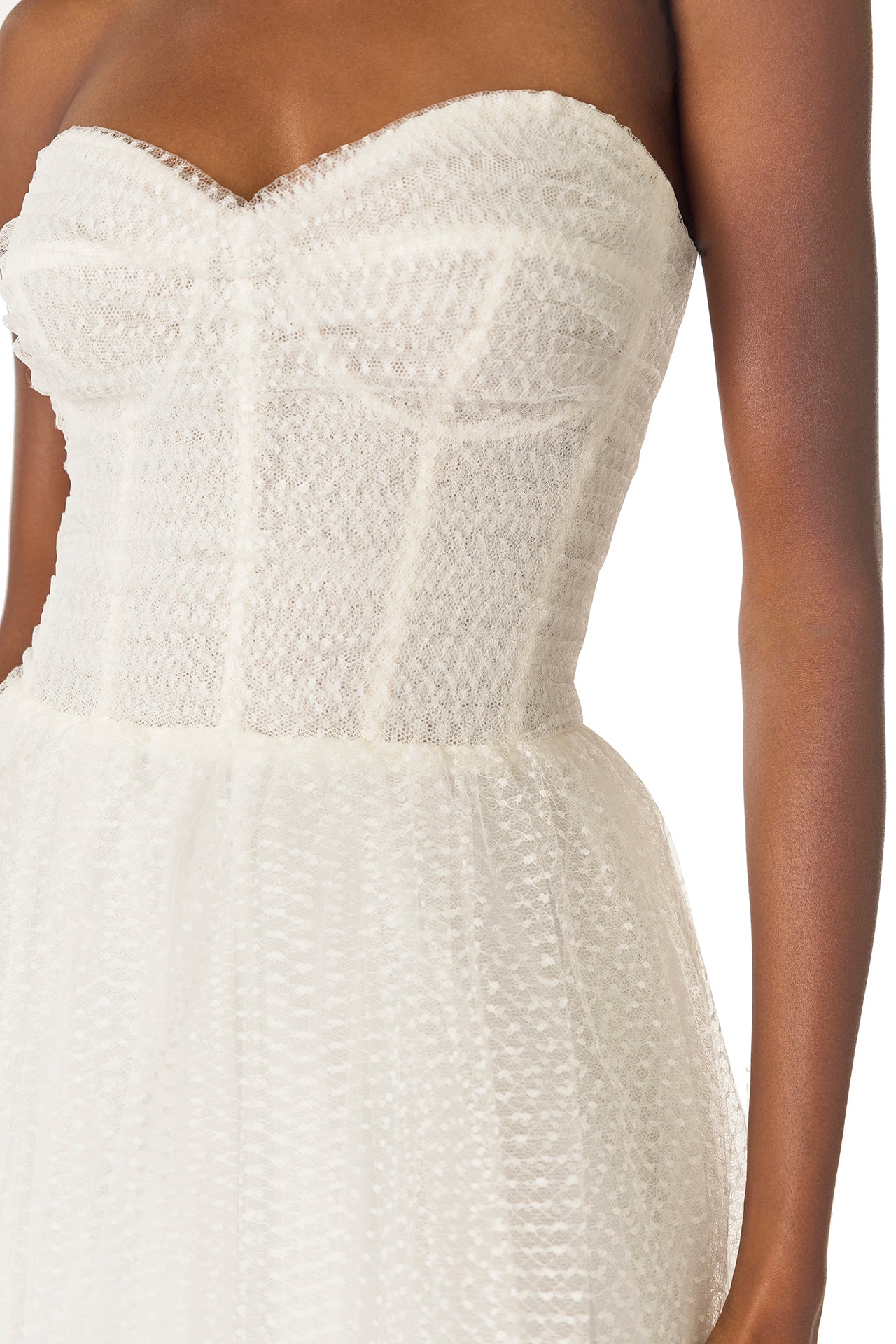 Monique Lhuillier "Brie Dress". 
 Strapless, tea length dress with sweetheart neckline in French Dot Tulle - fabric detail.