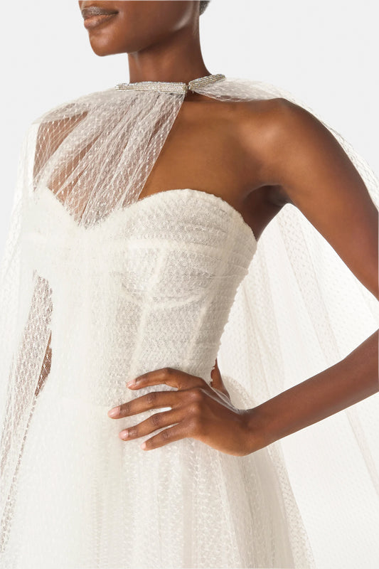 Monique Lhuillier "Brie Cape" Silk White sheer cape in French Dot Tulle with embroidered neckline - fabric detail.