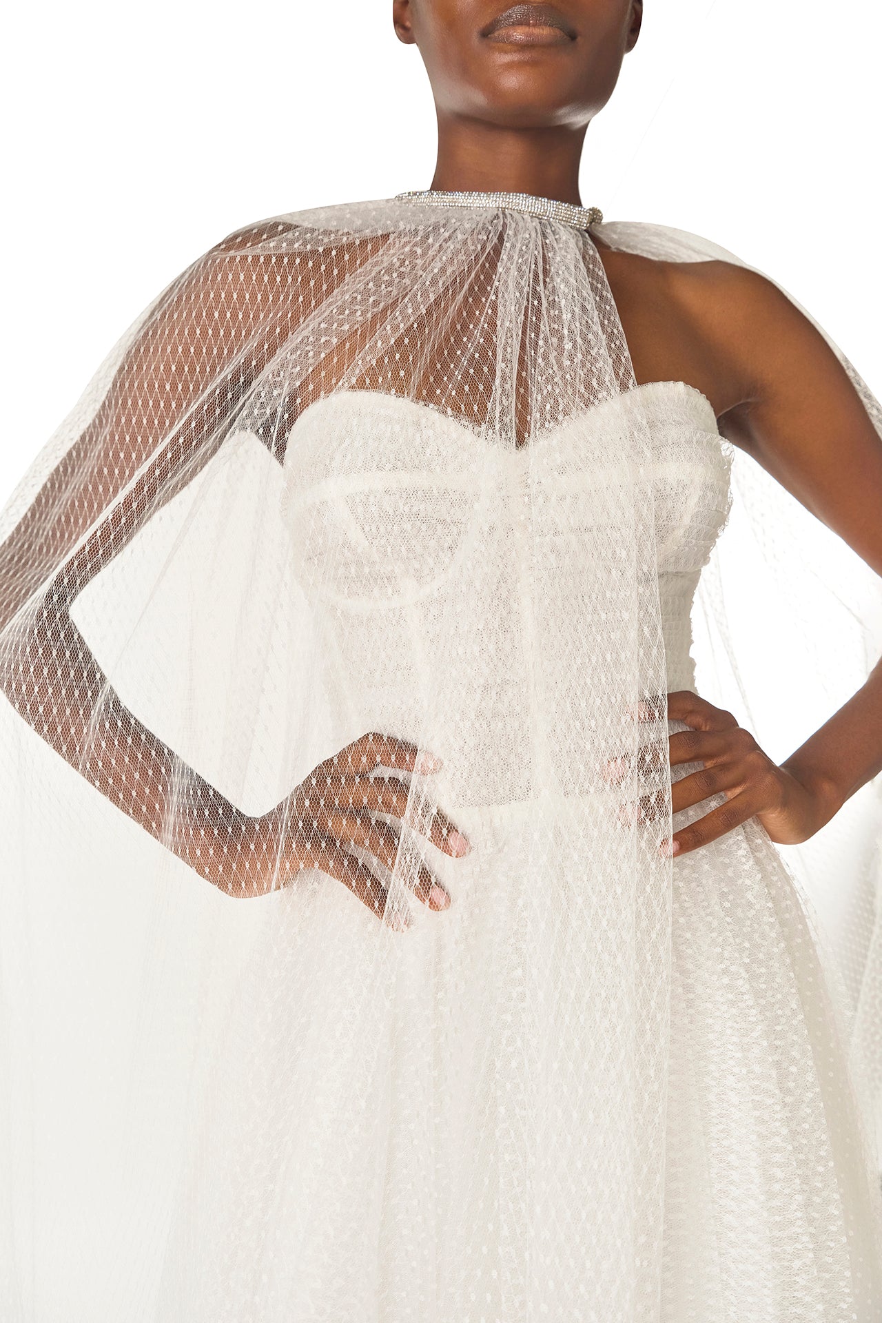 Monique Lhuillier "Brie Cape" Silk White sheer cape in French Dot Tulle with embroidered neckline - detail.