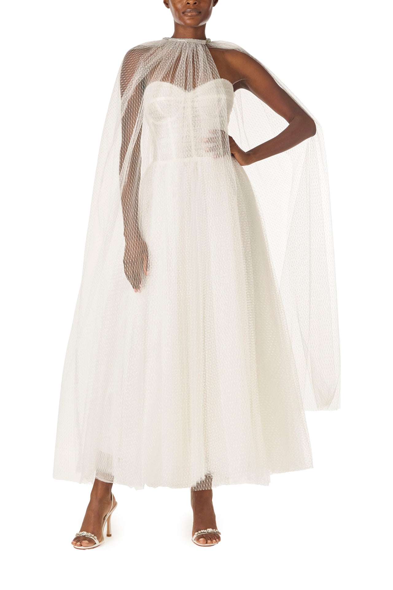 Monique Lhuillier "Brie Dress". 
 Strapless, tea length dress with sweetheart neckline in French Dot Tulle - front with Brie Cape.