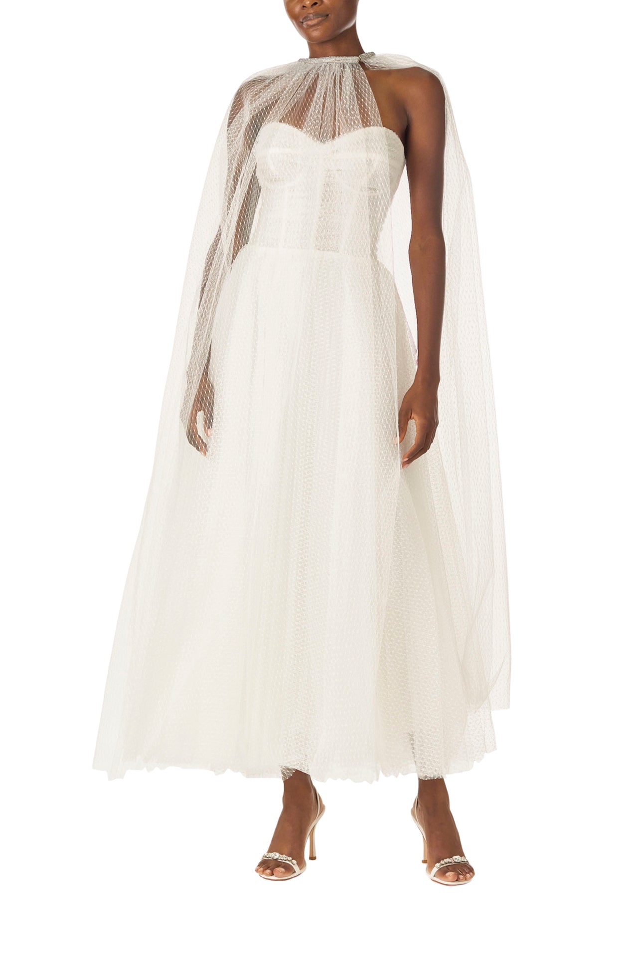 Monique Lhuillier "Brie Cape" Silk White sheer cape in French Dot Tulle with embroidered neckline - front.