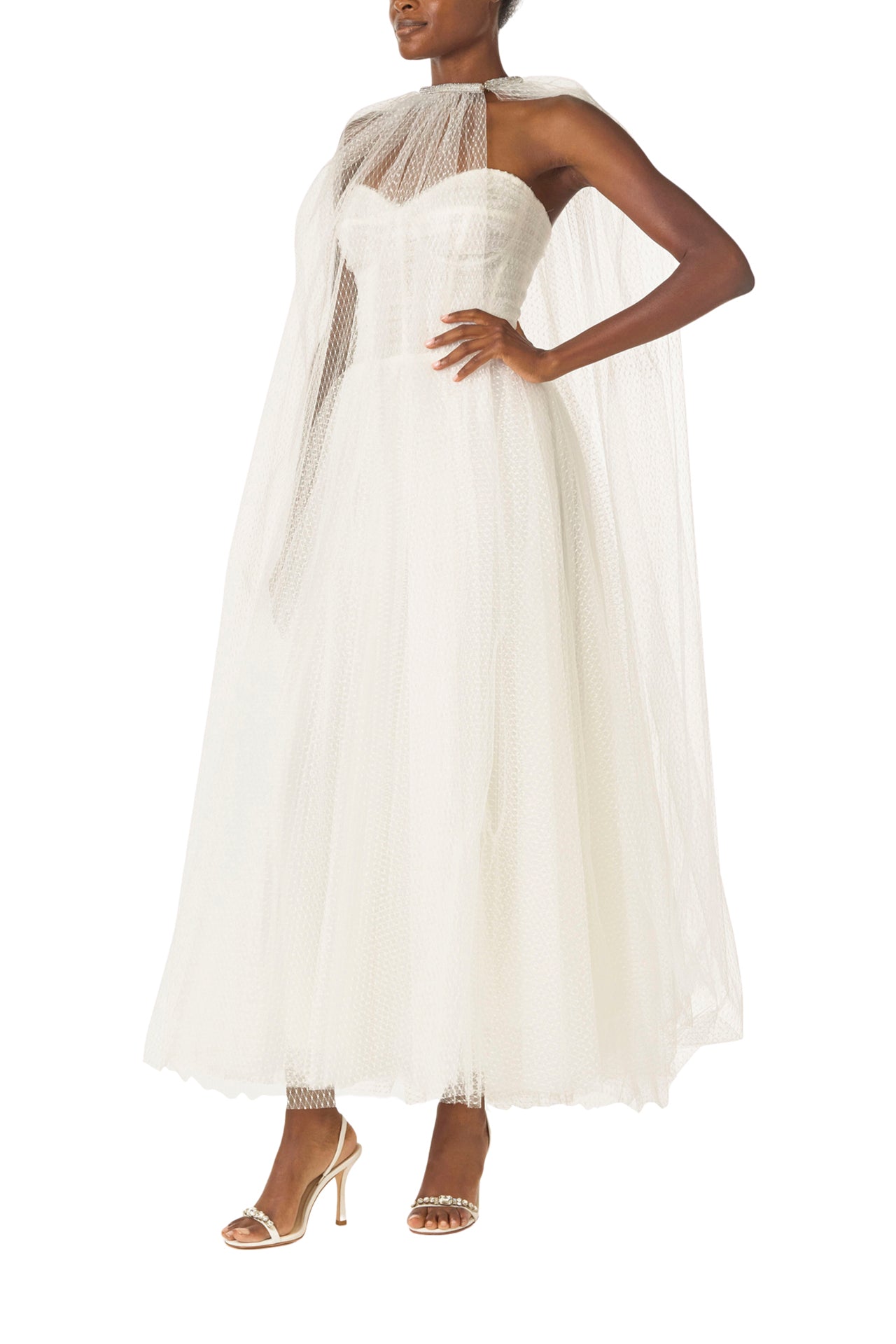 Monique Lhuillier "Brie Cape" Silk White sheer cape in French Dot Tulle with embroidered neckline - left side.
