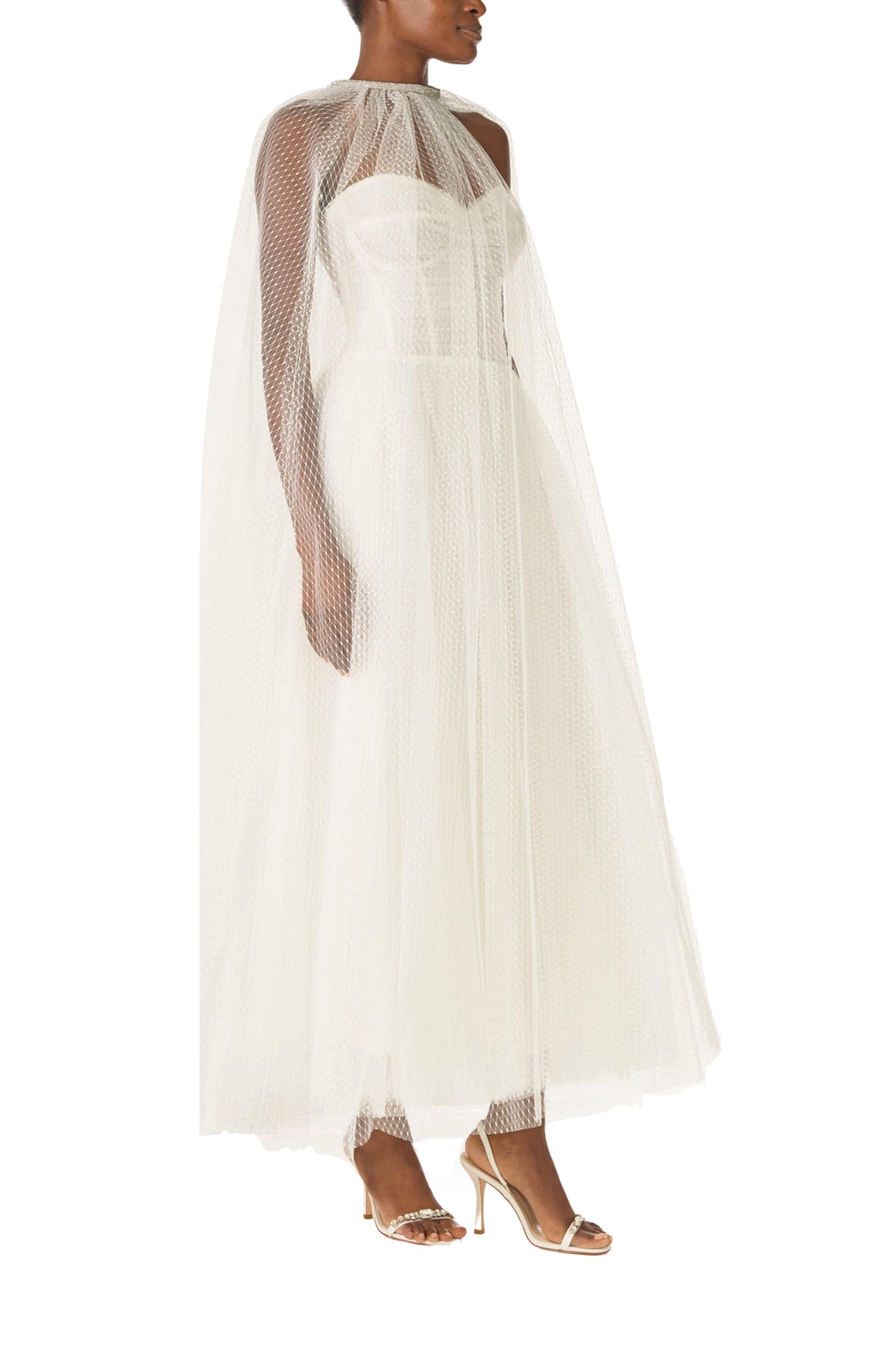 Monique Lhuillier "Brie Cape" Silk White sheer cape in French Dot Tulle with embroidered neckline - right side.