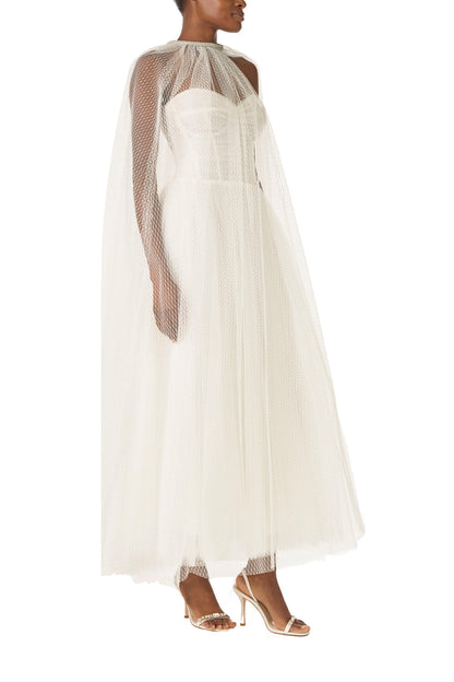 Monique Lhuillier "Brie Cape" Silk White sheer cape in French Dot Tulle with embroidered neckline - right side.