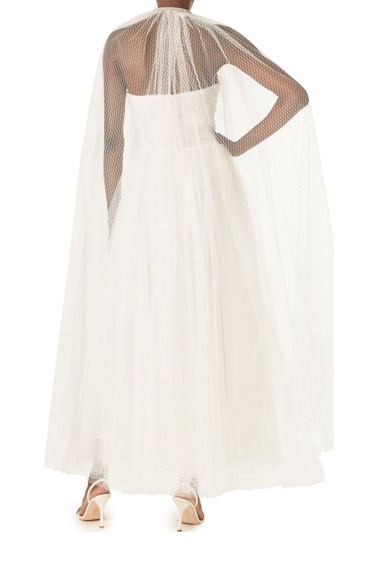 Monique Lhuillier "Brie Cape" Silk White sheer cape in French Dot Tulle with embroidered neckline - back.