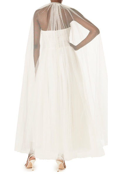 Monique Lhuillier "Brie Cape" Silk White sheer cape in French Dot Tulle with embroidered neckline - back.