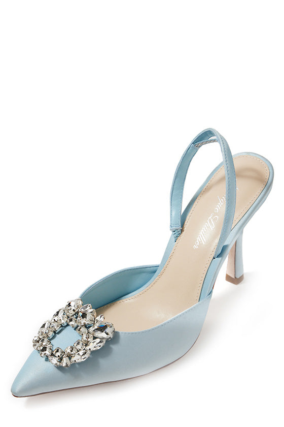 Monique Lhuillier ice blue satin Carrie heel with pointed toe, rhinestone cluster and slingback. 