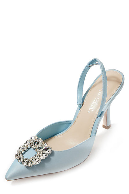 Monique Lhuillier ice blue satin Carrie heel with pointed toe, rhinestone cluster and slingback. 