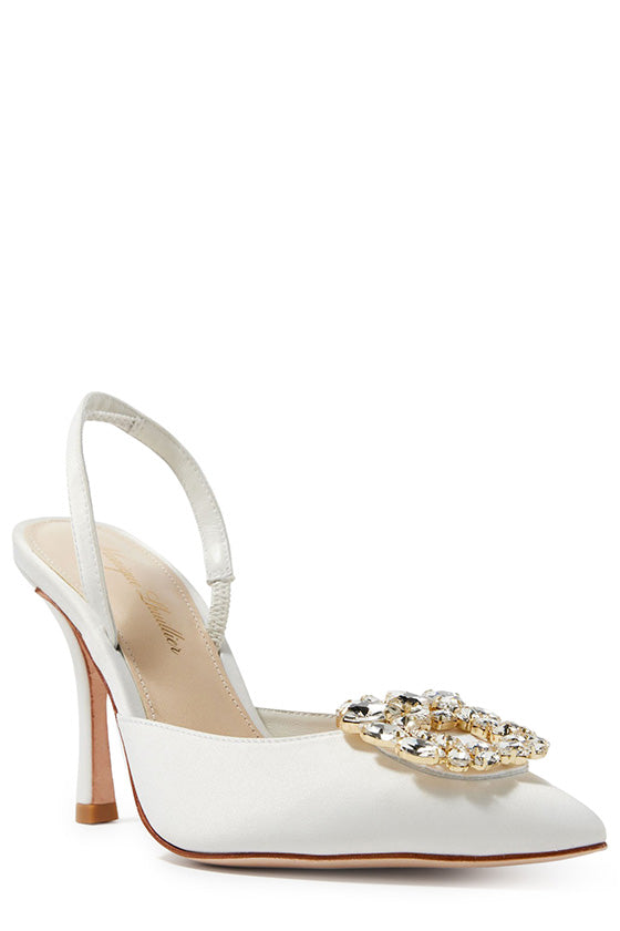 Monique Lhuillier silk white satin Carrie heel with pointed toe, rhinestone cluster and slingback. 