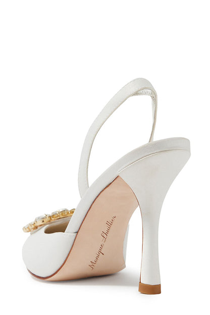 Monique Lhuillier silk white satin Carrie heel with pointed toe, rhinestone cluster and slingback. 