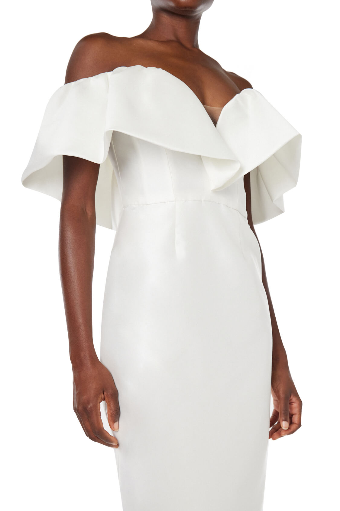 Monique Lhuillier midi length Chantel bridal dress with ruffle neckline and deep v sweetheart neckline in silk white mikado fabric.