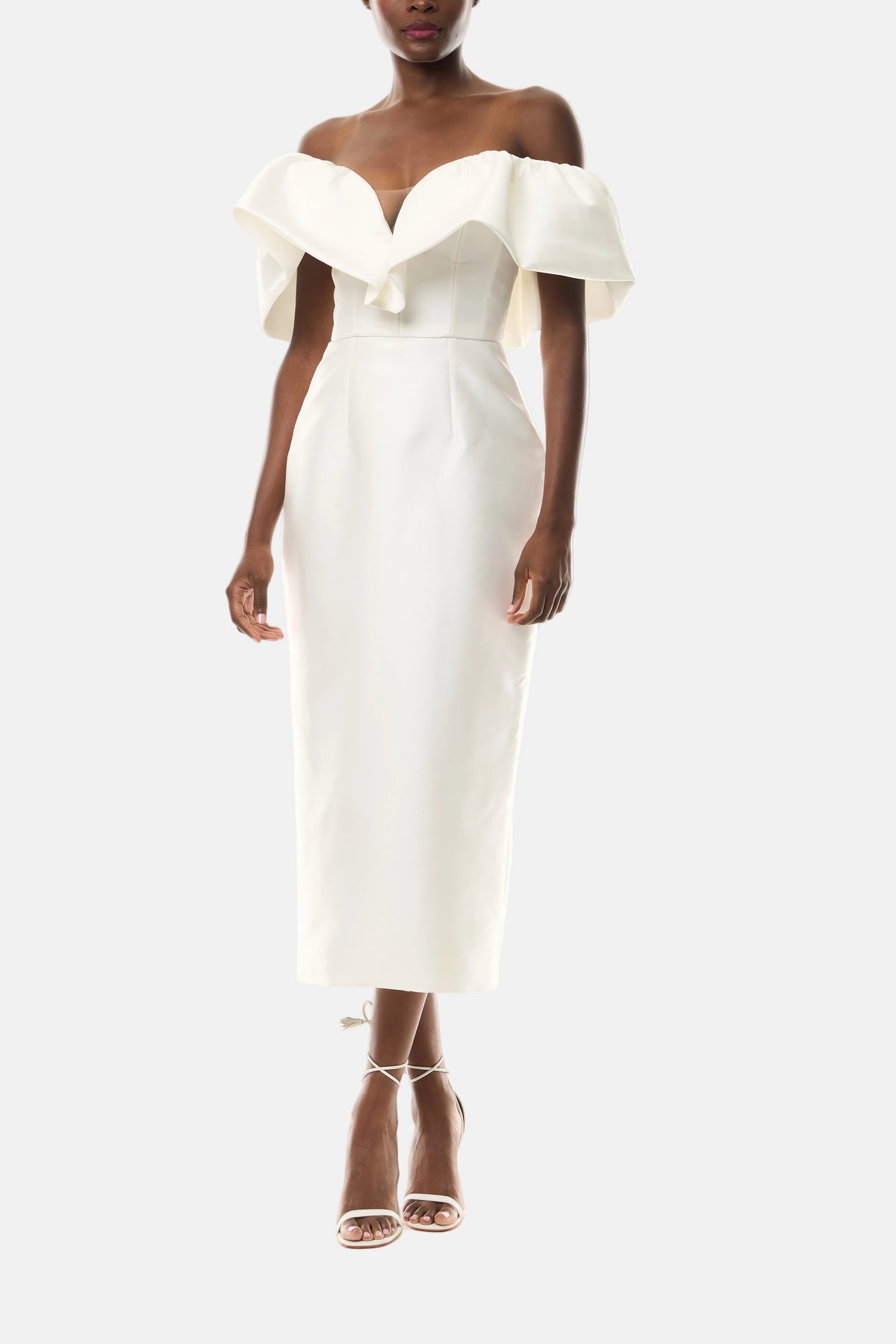 Monique Lhuillier midi length Chantel bridal dress with ruffle neckline and deep v sweetheart neckline in silk white mikado - front.