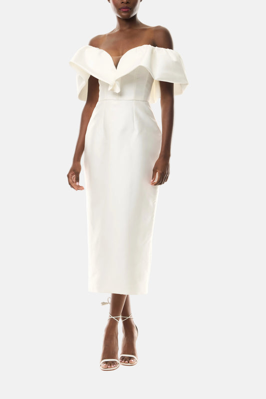 Monique Lhuillier midi length Chantel bridal dress with ruffle neckline and deep v sweetheart neckline in silk white mikado - front.