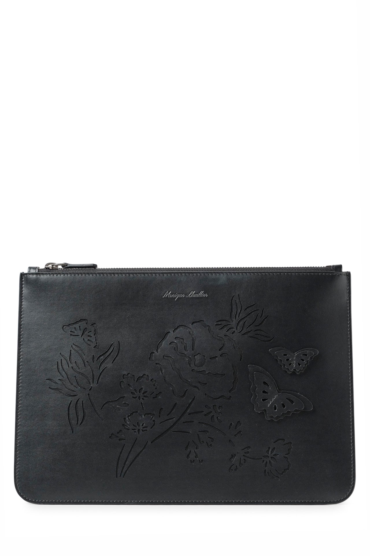 Leather zip pouch with laser cut florals and three-dimensional leather butterflies in Noir- front