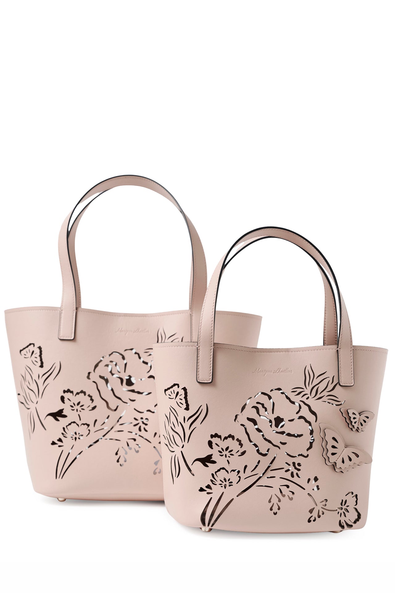 Leather top handle mini tote bag with laser cut florals, three-dimensional leather butterflies and small zip pouch in Blush- front, large and small tote