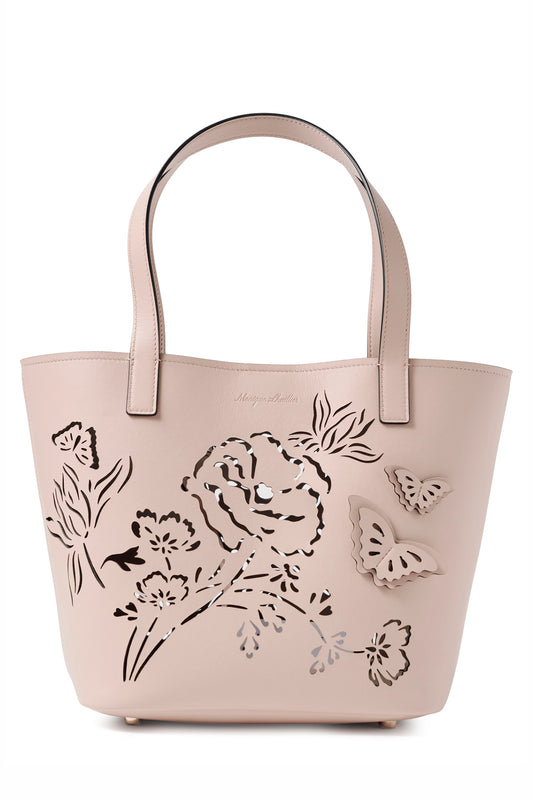 Leather top handle tote bag with laser cut florals, three-dimensional leather butterflies and small zip pouch in Blush- front