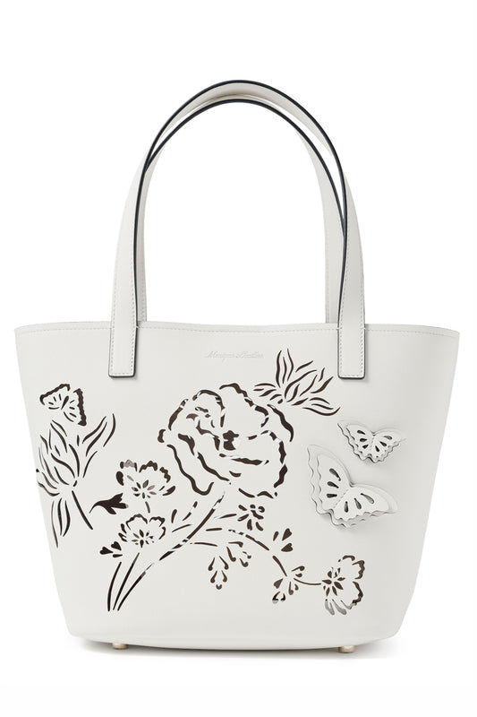 Leather top handle tote bag with laser cut florals, three-dimensional leather butterflies and small zip pouch in Ivory- front