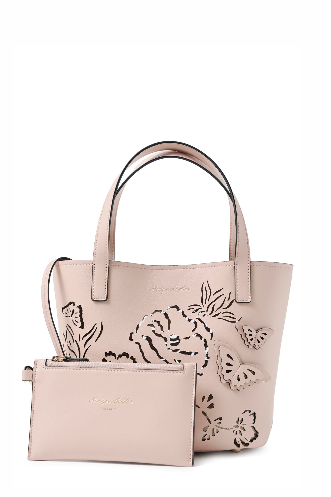 Leather top handle mini tote bag with laser cut florals, three-dimensional leather butterflies and small zip pouch in Blush- front with zip pouch