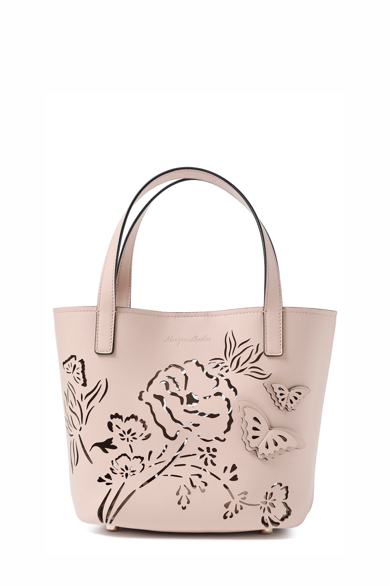 Leather top handle mini tote bag with laser cut florals, three-dimensional leather butterflies and small zip pouch in Blush- front