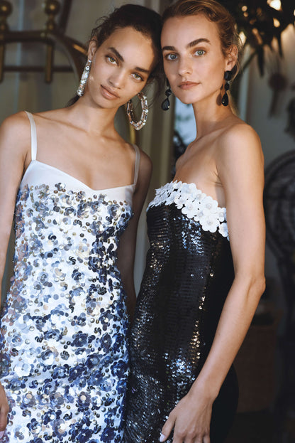 Monique Lhuillier Spring 2025 strapless column gown in noir sequins with silk white floral embroidered neckline - lookbook two.