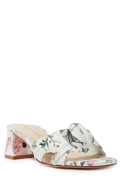 Monique Lhuillier low block heel mule in white botanical printed leather.