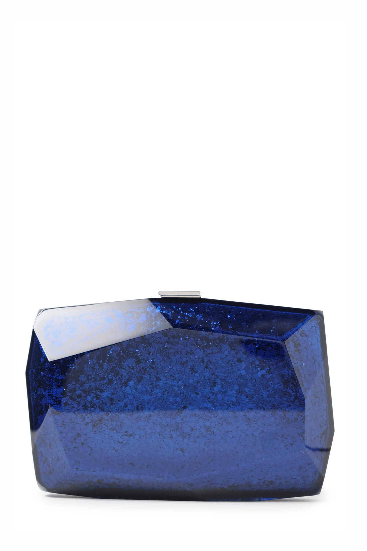 Lucite faceted minaudière with silver metal clasp at top in Blue- front