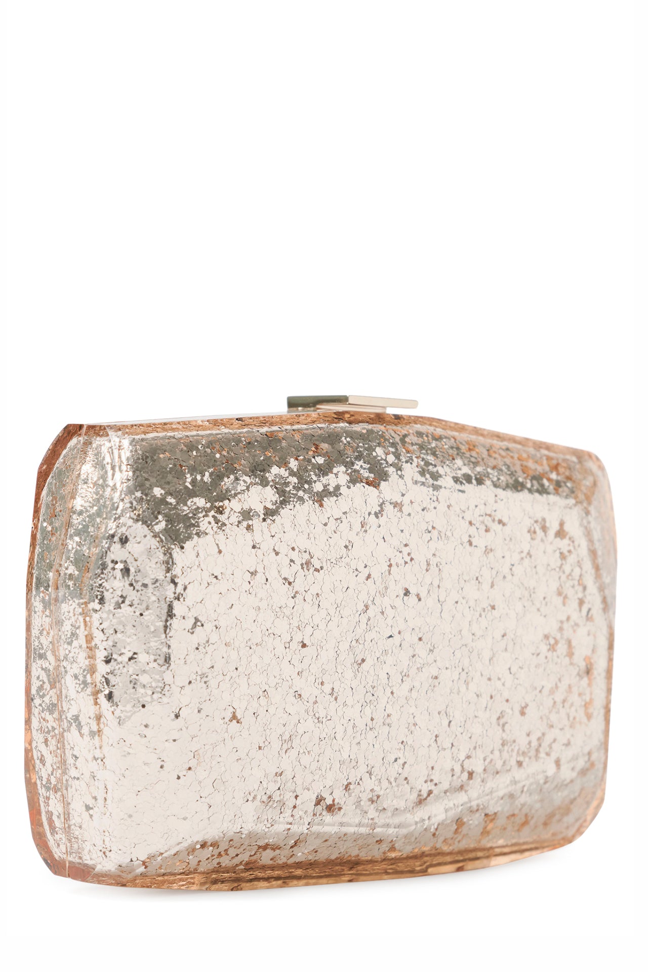 Lucite faceted minaudière with gold metal clasp at top in Champagne confetti glitter- side