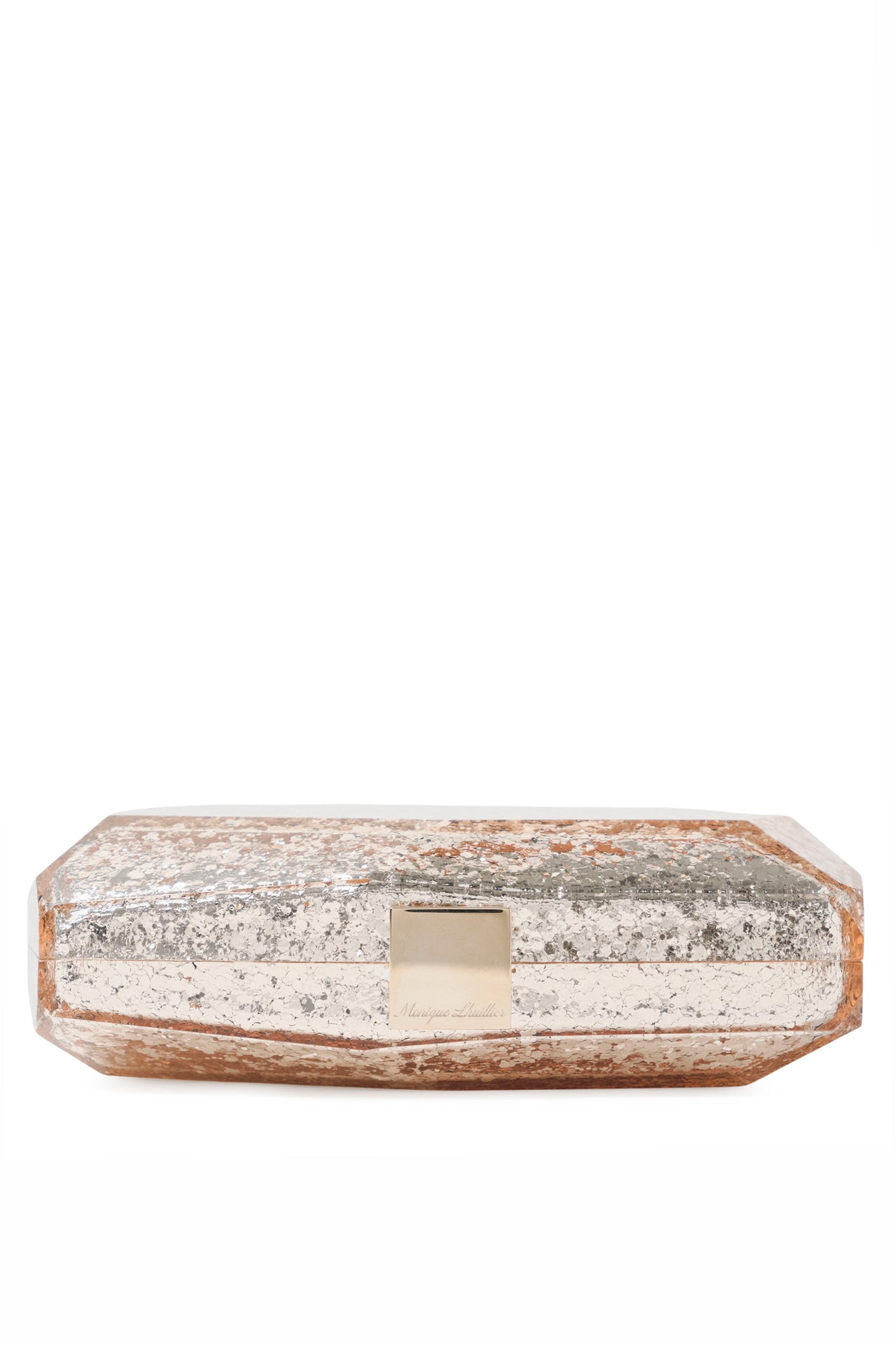 Lucite faceted minaudière with gold metal clasp at top in Champagne confetti glitter- flat