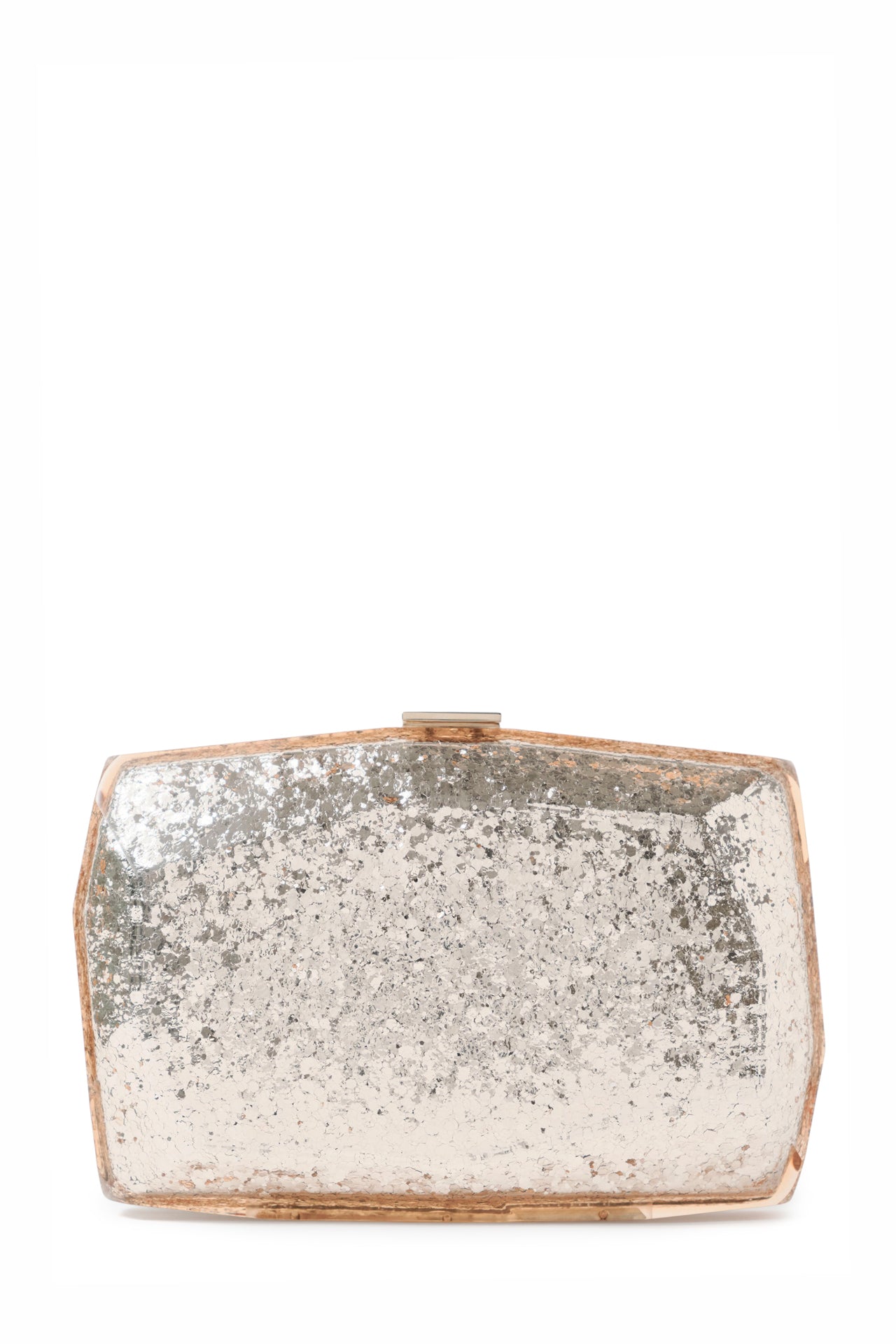 Lucite faceted minaudière with gold metal clasp at top in Champagne confetti glitter- front