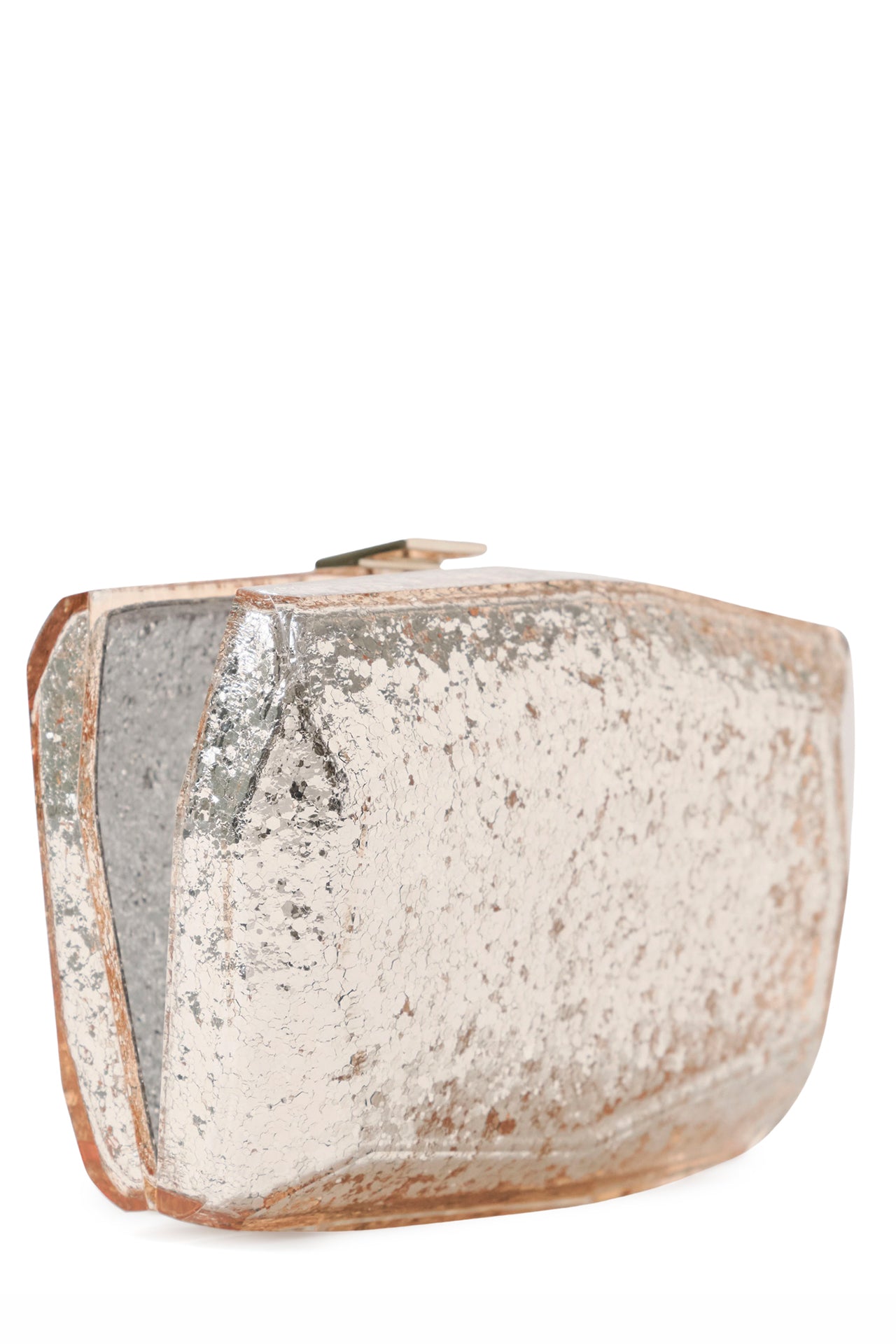 Lucite faceted minaudière with gold metal clasp at top in Champagne confetti glitter- open