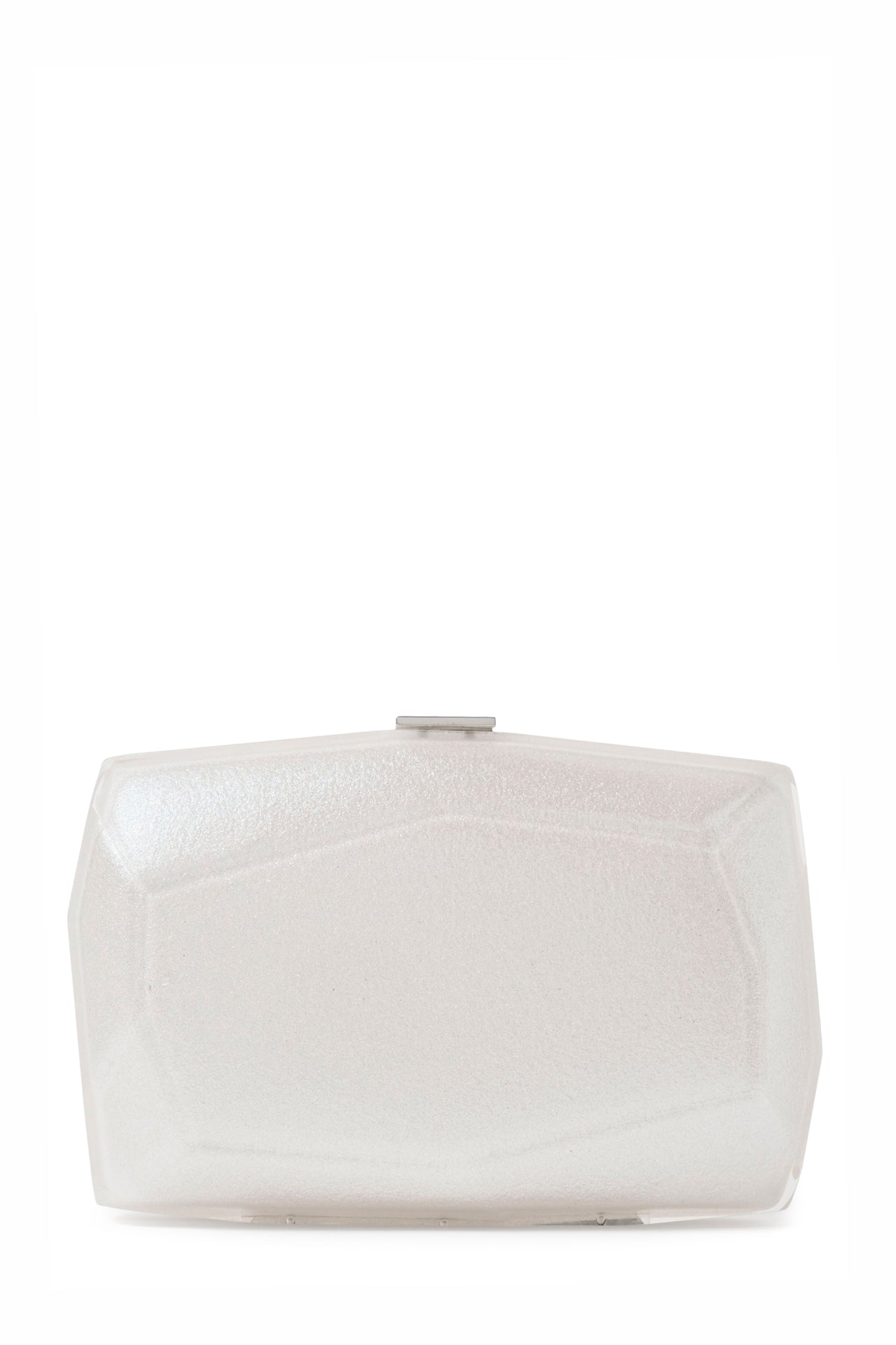 Lucite faceted minaudière with silver metal clasp at top in Crystal Dust- front