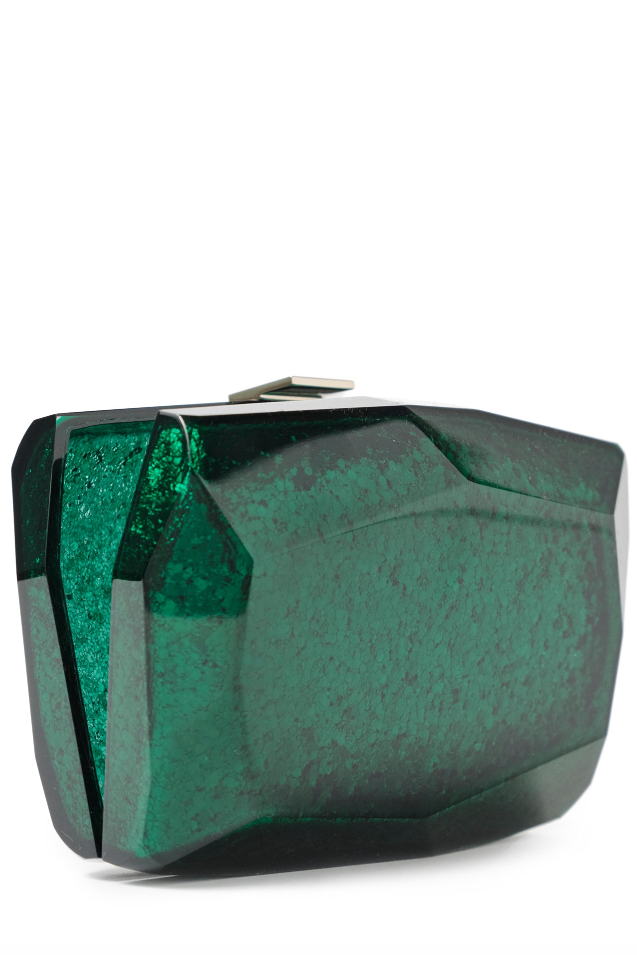 Lucite faceted minaudière with silver metal clasp at top in Emerald- open