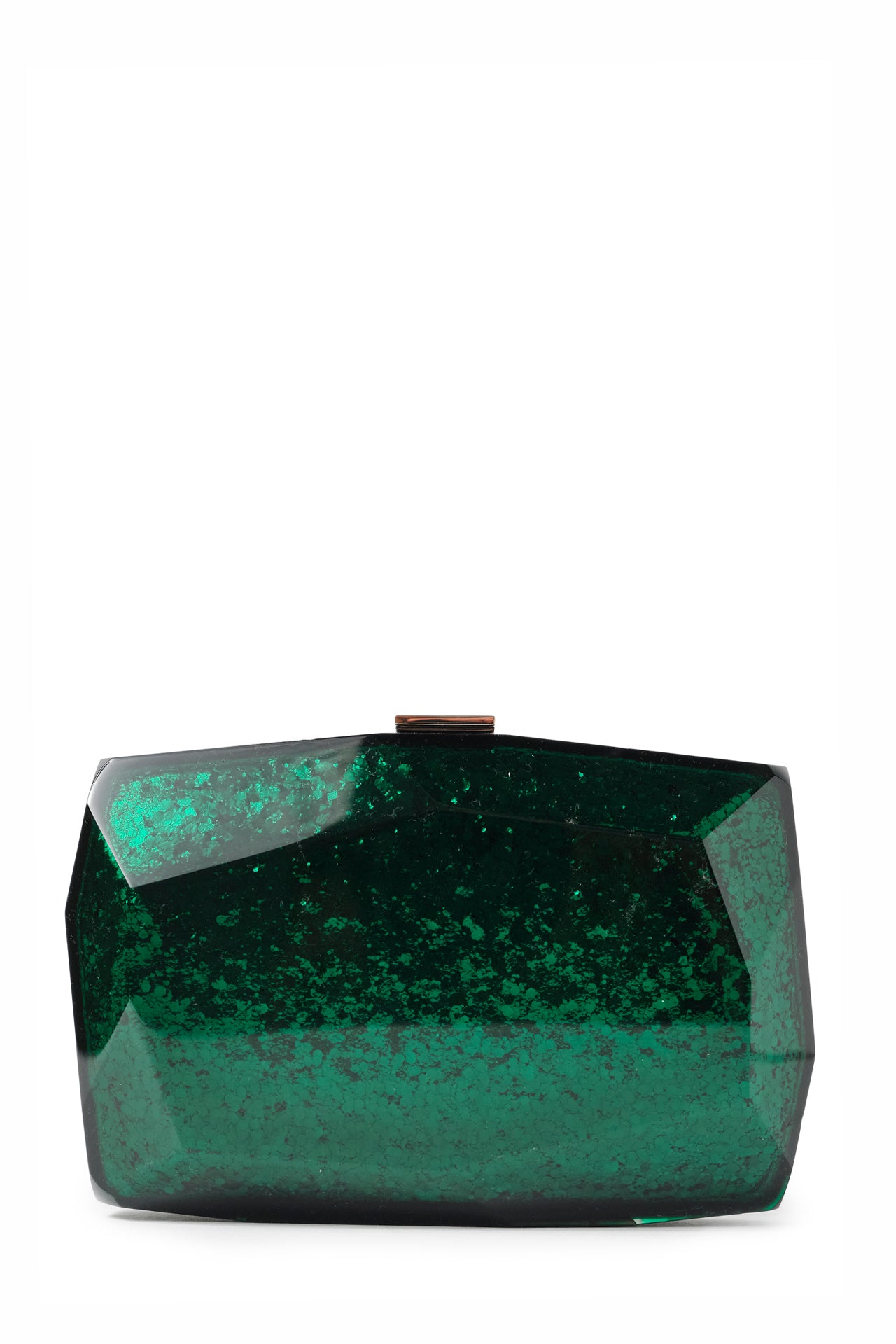 Lucite faceted minaudière with silver metal clasp at top in Emerald- front