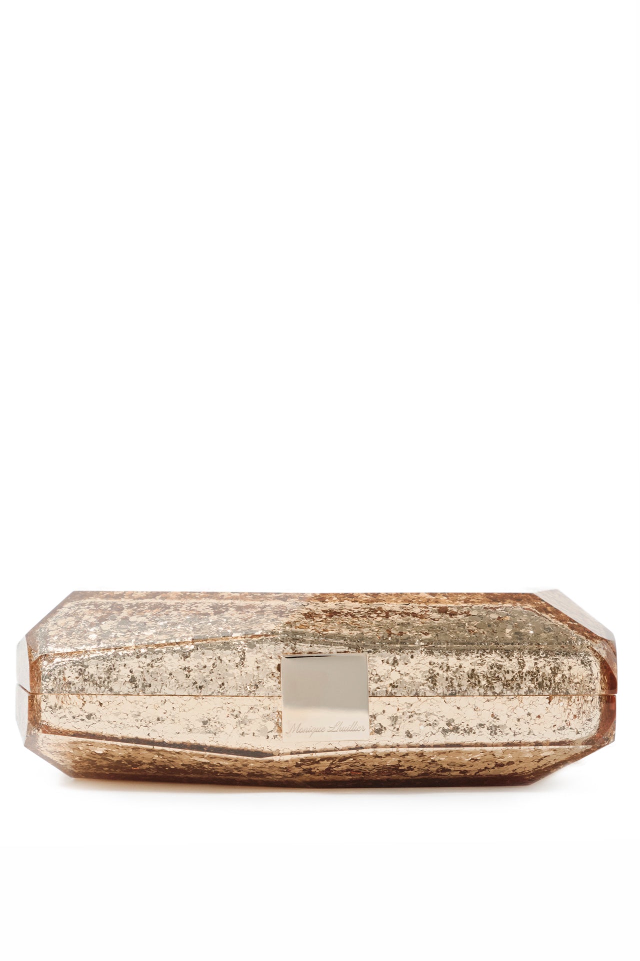 Lucite faceted minaudière with gold metal clasp at top in Gold- flat