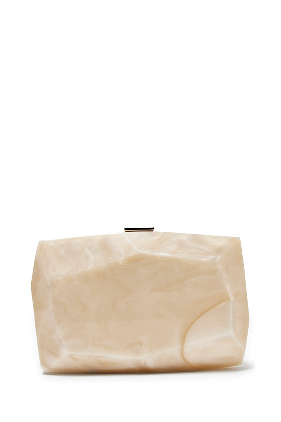 Dasha Minaudiere lucite handbag in marbled pearl with a silver engraved clasp.