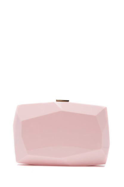 Lucite faceted minaudière with metal clasp at top in Peony Pink- front