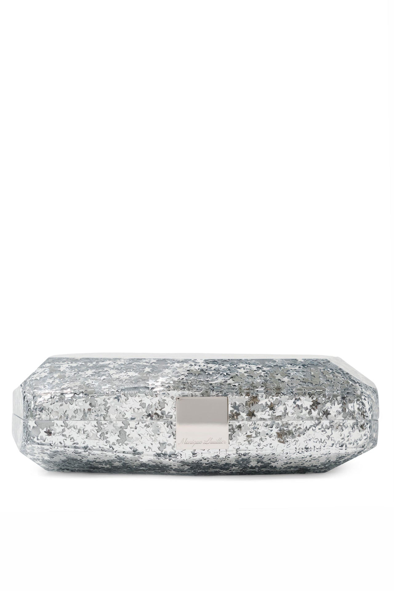 Lucite faceted minaudière with silver metal clasp at top in Silver Star- flat