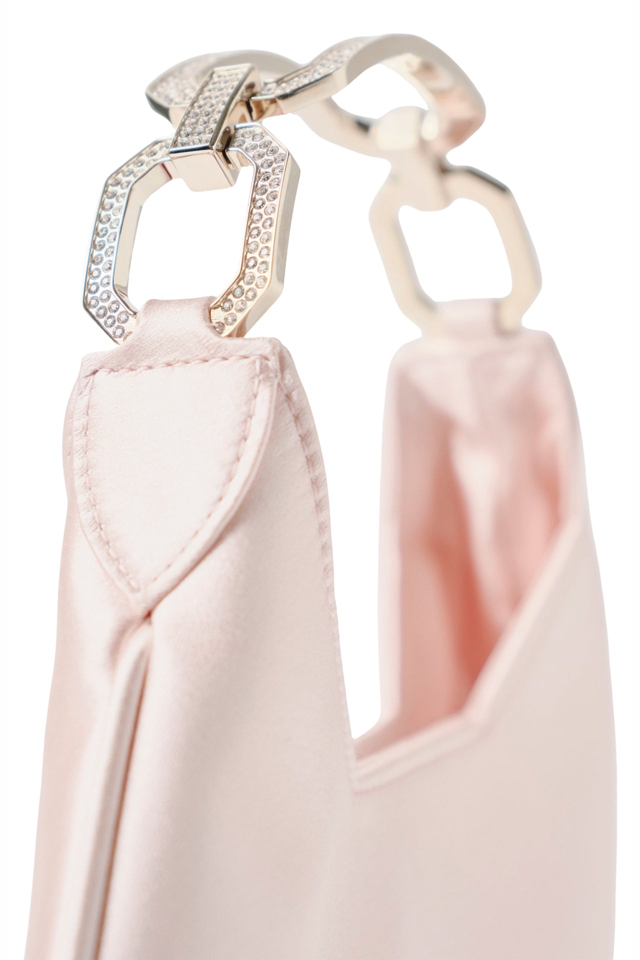 Satin, crescent shaped small evening bag with diamante pale gold metal handle in Blush- side detail