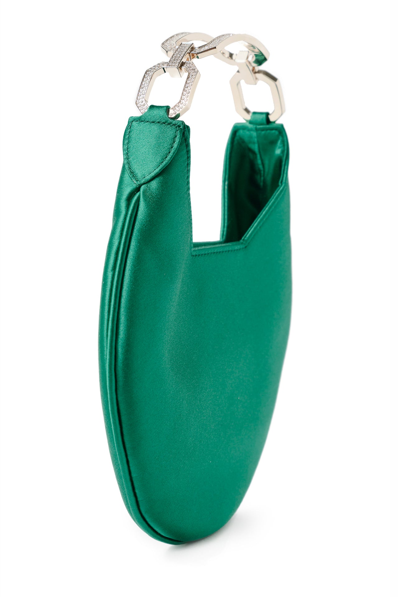 Satin, crescent shaped small evening bag with diamante pale gold metal handle in Emerald- side