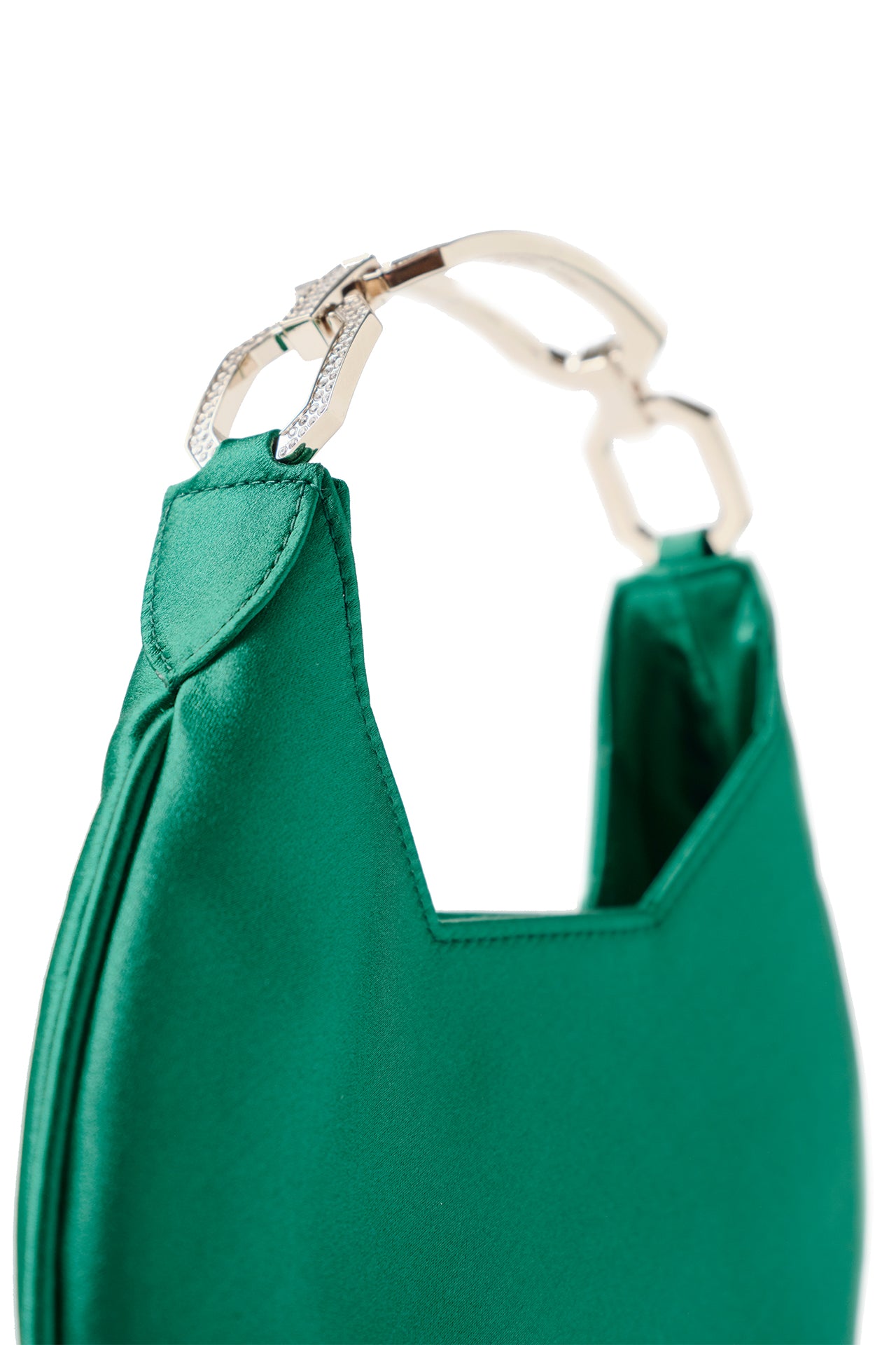 Satin, crescent shaped small evening bag with diamante pale gold metal handle in Emerald- side detail