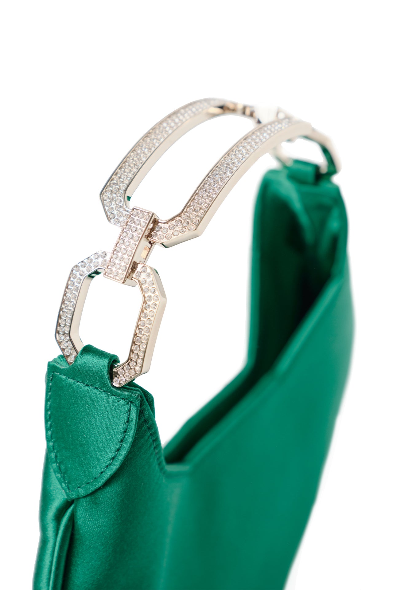 Satin, crescent shaped small evening bag with diamante pale gold metal handle in Emerald- handle